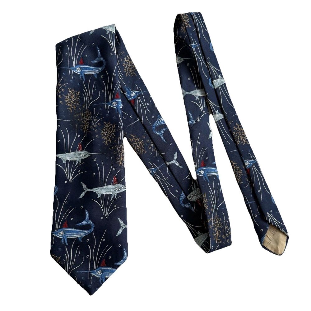VINTAGE ARC DE TRIOMPHE OCEAN LIFE MEN'S TIE MARLIN SWORDFISH BILLFISH BLUE